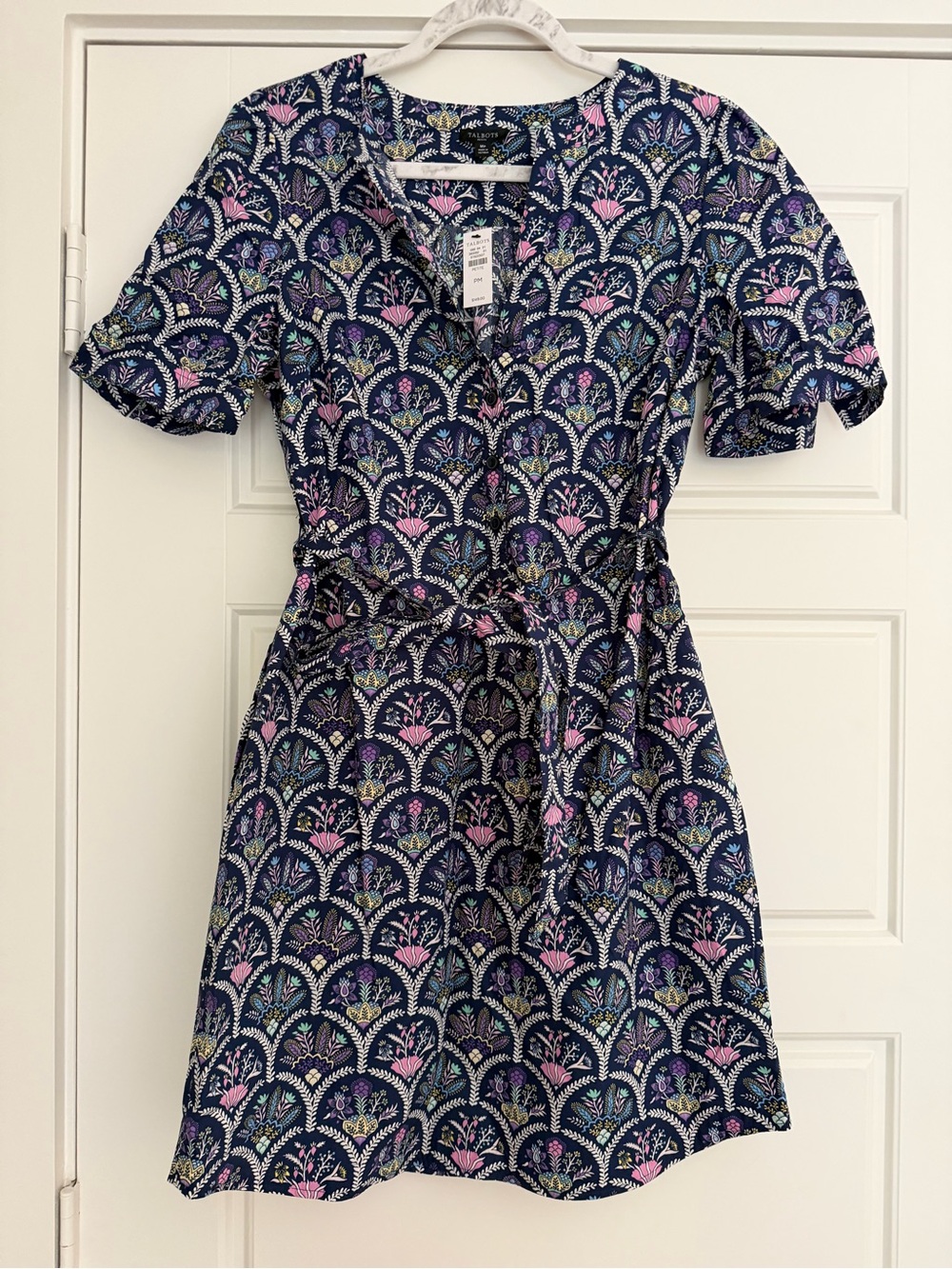 NWT Talbots floral geometric Printed navy Tie-Waist Dress - sz Petite Med